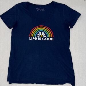 Life is Good Blue Rainbow Daisy Sz Sm V-Neck Textured T-Shirt Tee Top